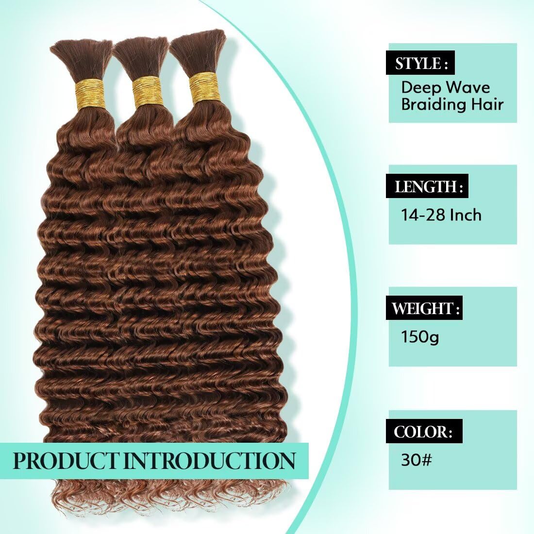 Boho Hair for Braiding, Curly Virgin Human Braiding Hair for Women, 12A Knotless Deep Wave Bulk Bohemian Styles, 150g 24 Inch 3 Bundles/Pack Auburn copper Color 30