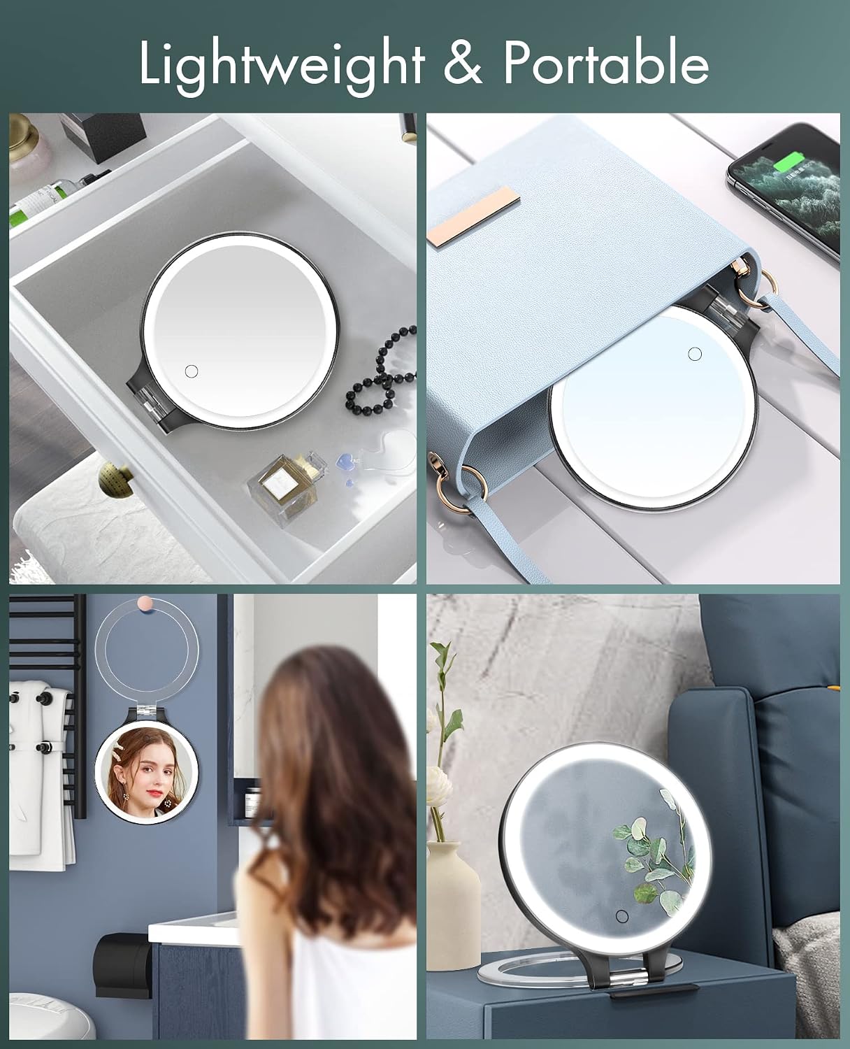 10X 1X Double-Sided Magnifying Makeup Mirror - Rechargeable Lighted with 3 Color Settings | Adjustable Rotation