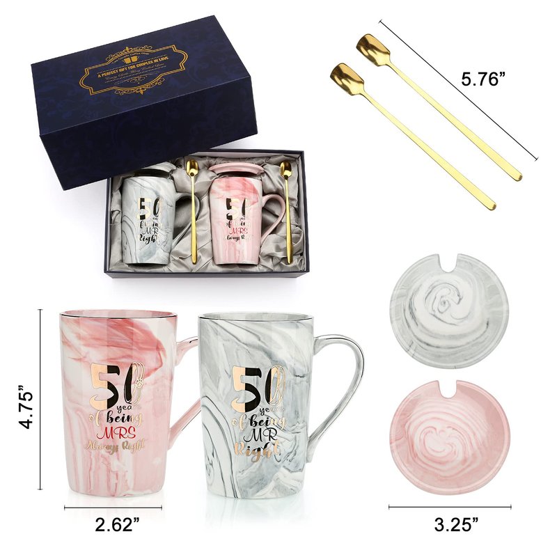 Sovyime 50 Years of Being Mr Right and Mrs Always Right Wedding Marriage Anniversary Cup for Couple Ceramic Marble Coffee Mugs - 14 Oz (50th Anniversary)