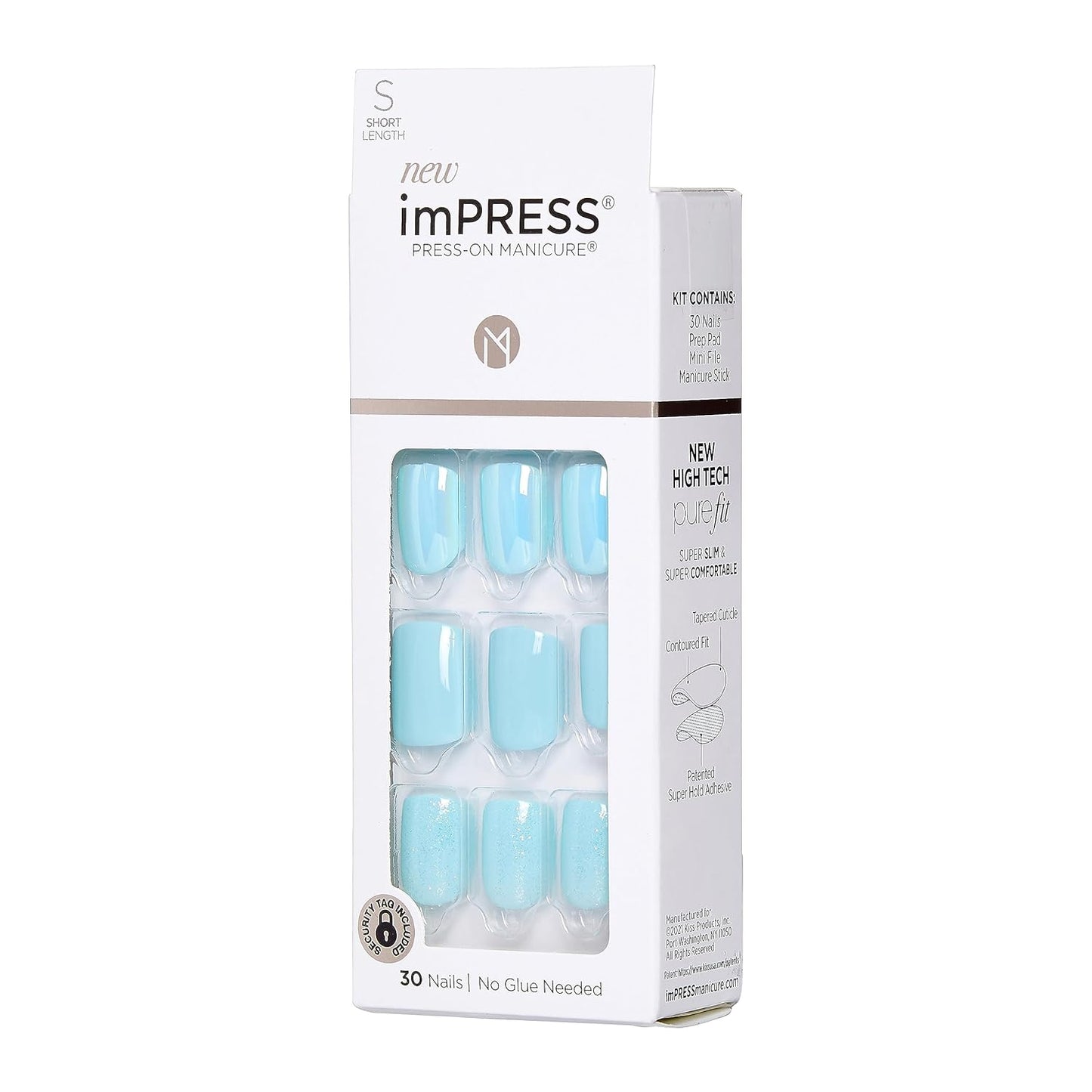 Kiss Impress No Glue Mani Press-On Nails - 'Rain Check' Blue Squoval Design | Short Size, 30 Nails & Accessories