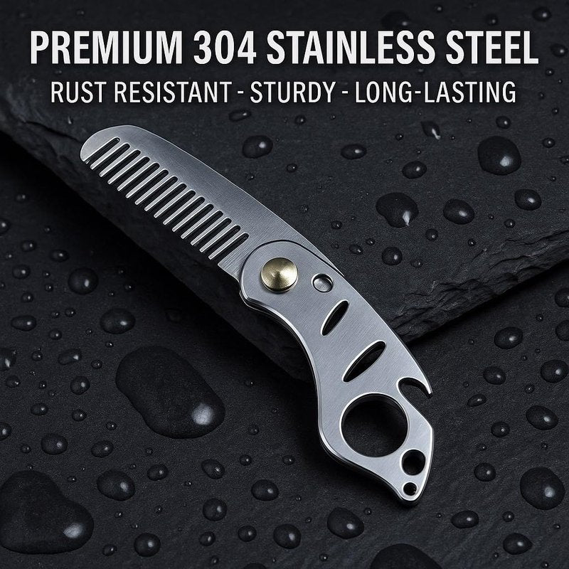 IN SELECT Folding Comb, 304 Stainless Steel Pocket Hair & Beard Comb with Built-in Bottle Opener, Durable EDC Multi-Tool for Everyday Carry, 1 Pack