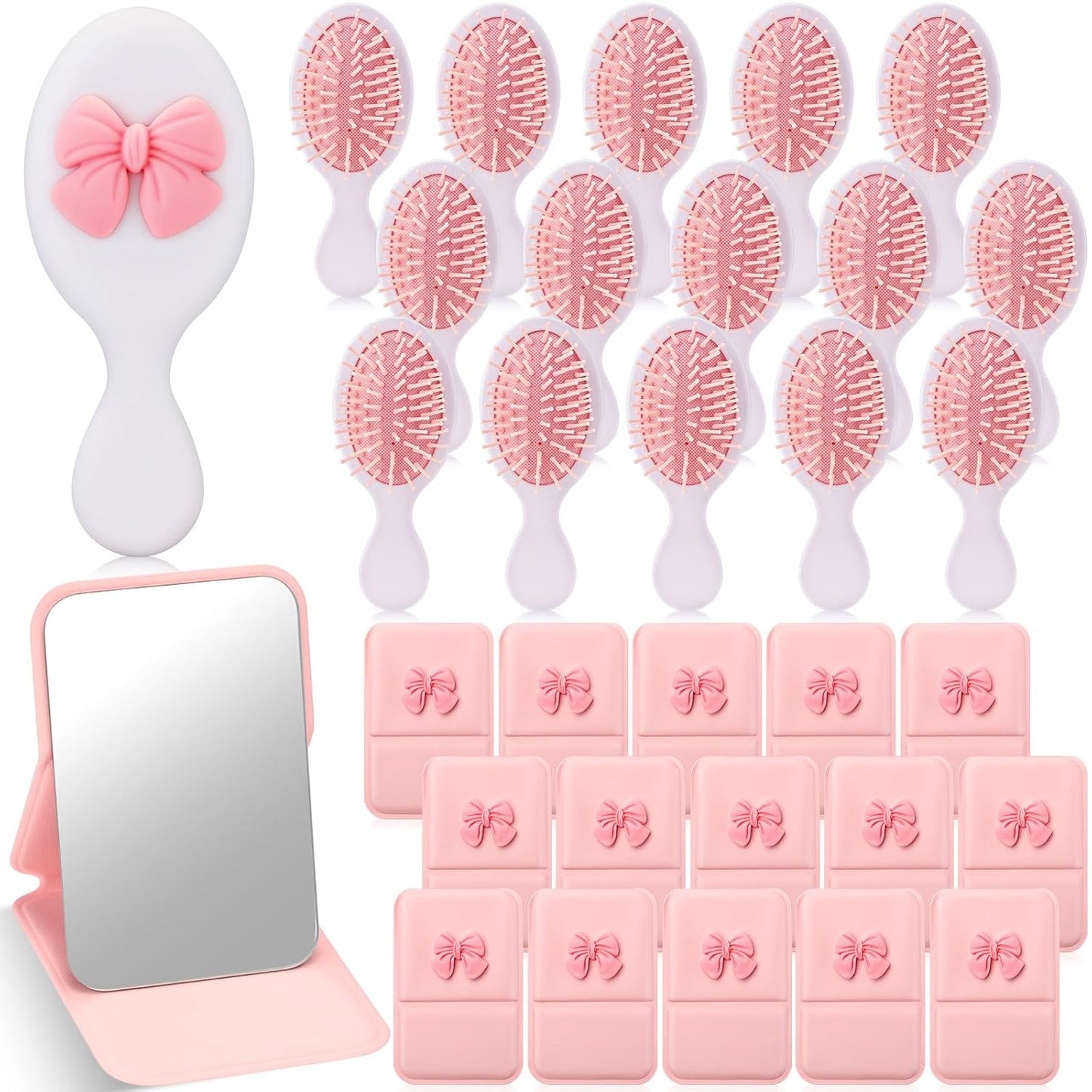 Coquette Bow Compact Mirror & Mini Hair Brush Set - 30 Pcs | Pink Travel Detangling Brushes for Parties & Gifts