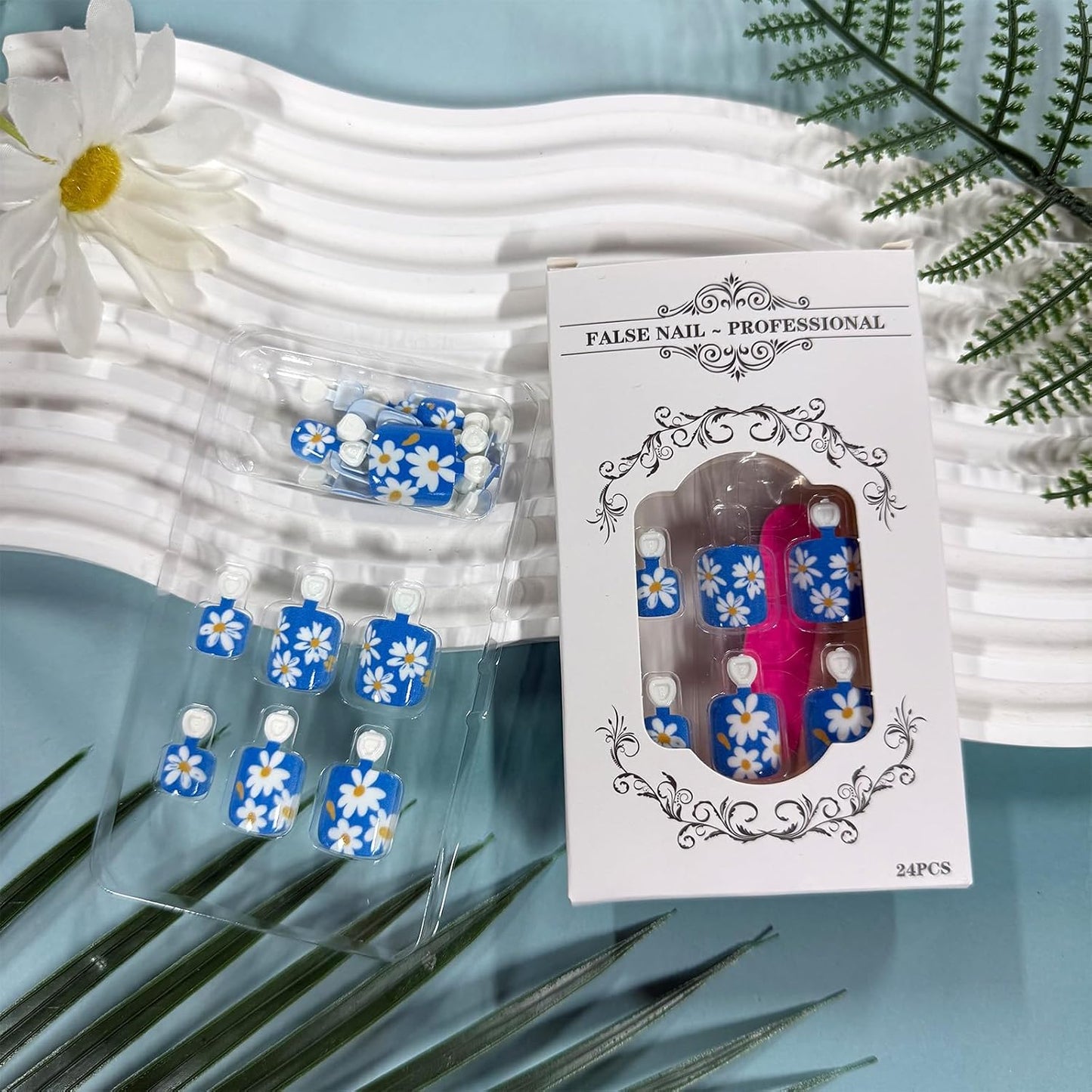 Press-On Toenails - Short Square Fake Toe Nails with Flower Designs | 24 Pcs Blue Acrylic Summer Beach Set