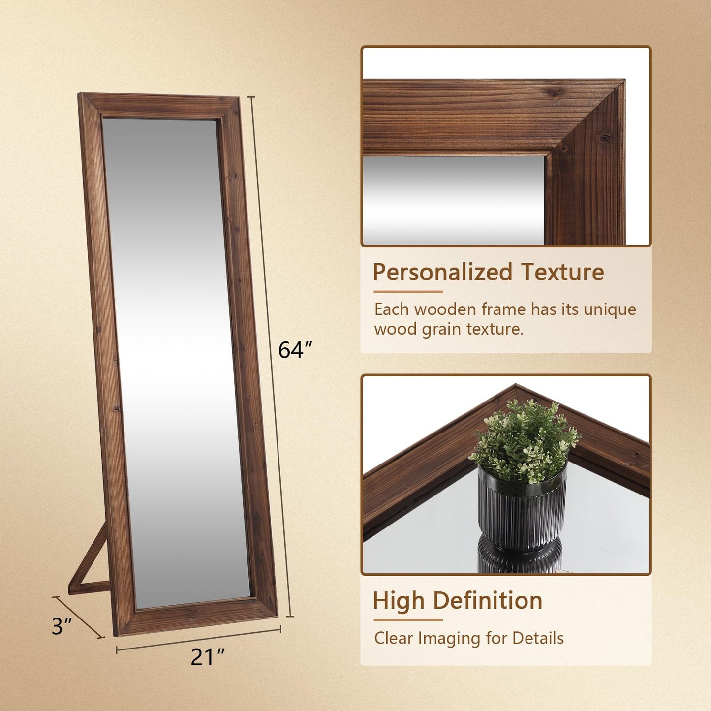 MirrMyst Rustic Farmhouse Full Length Mirror, 64"x21" Wood Floor Mirror