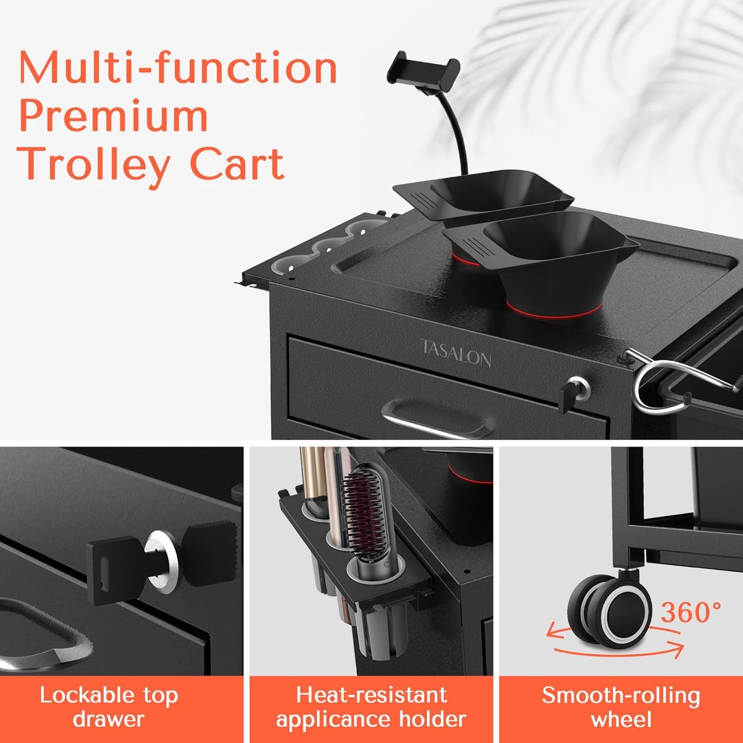 Metal Lockable Salon Cart with Wheels - Rolling Barber Trolley for Hair Stylists | 2 Magnetic Bowls & Drawers