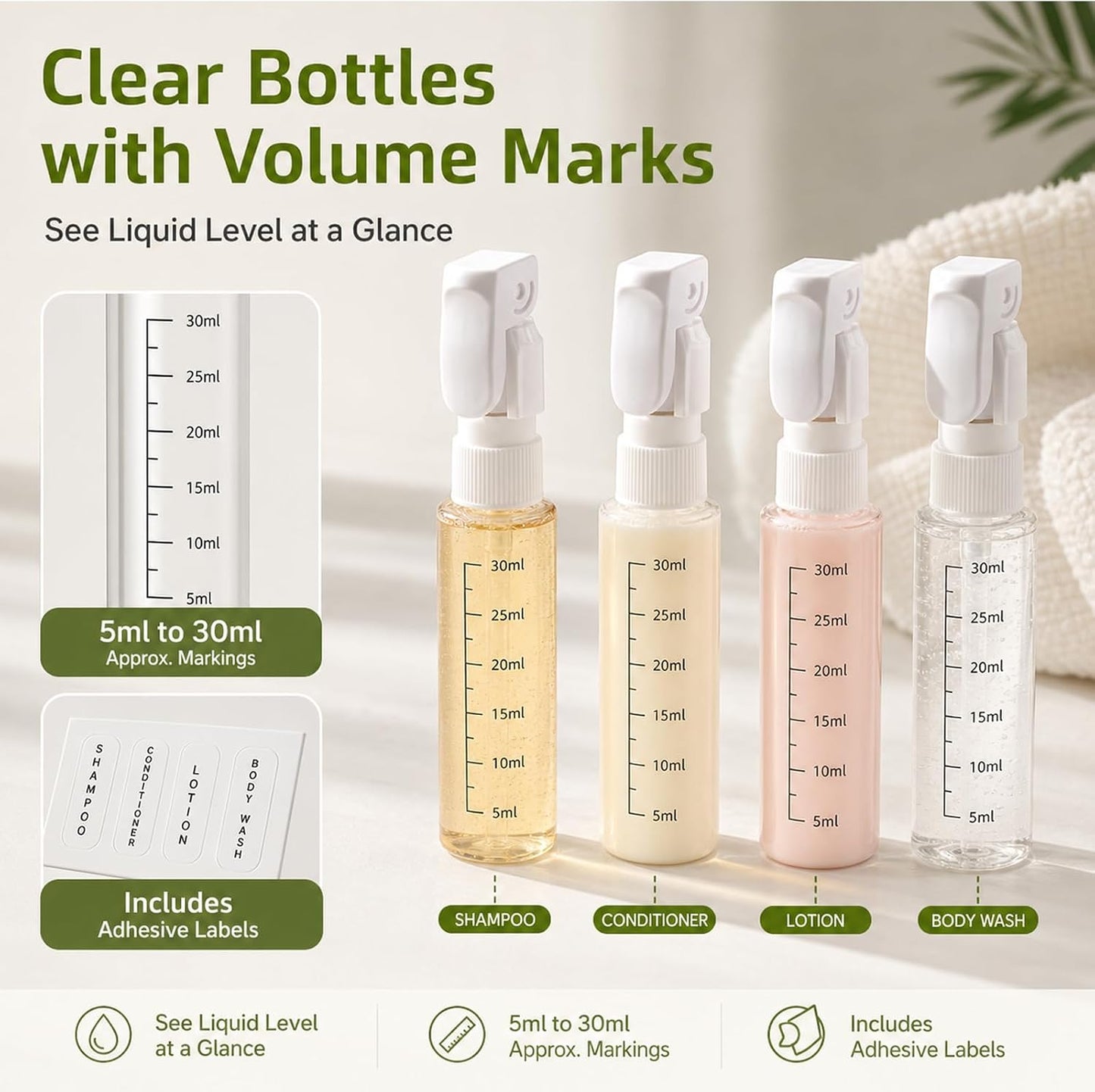 Travel Size Bottles - 4 Pack 30ML Leak Proof Dispenser Set | Refillable Toiletry Containers in Green