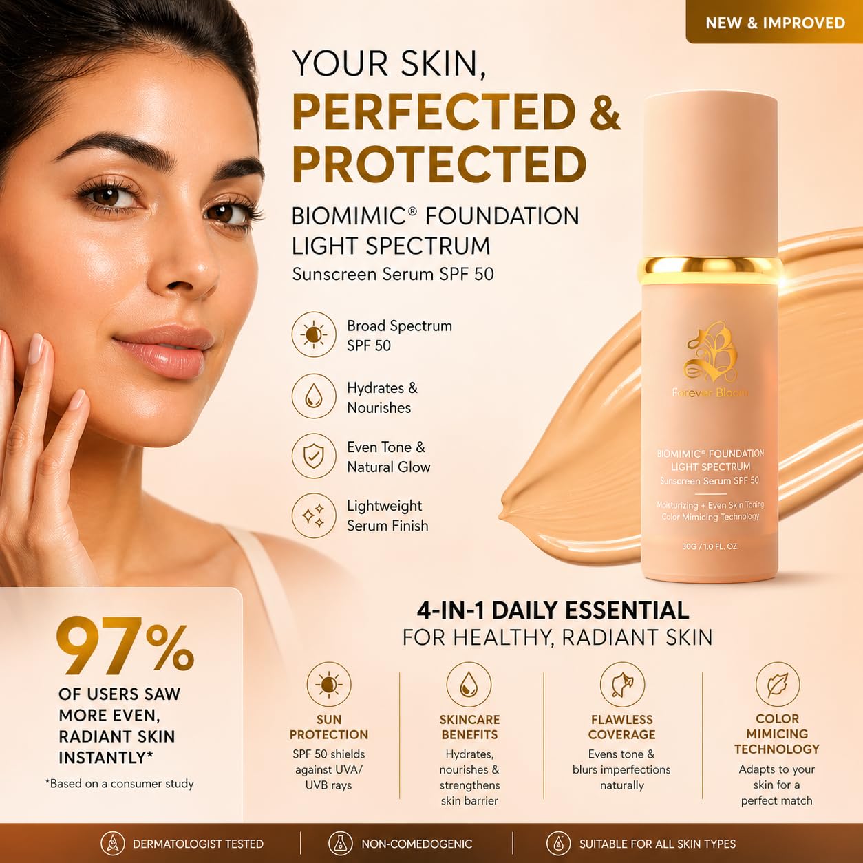 Bio Mimic Foundation - Lightweight SPF 50 Hydrating Makeup for Mature Sensitive Skin | Evens Tone & Conceals