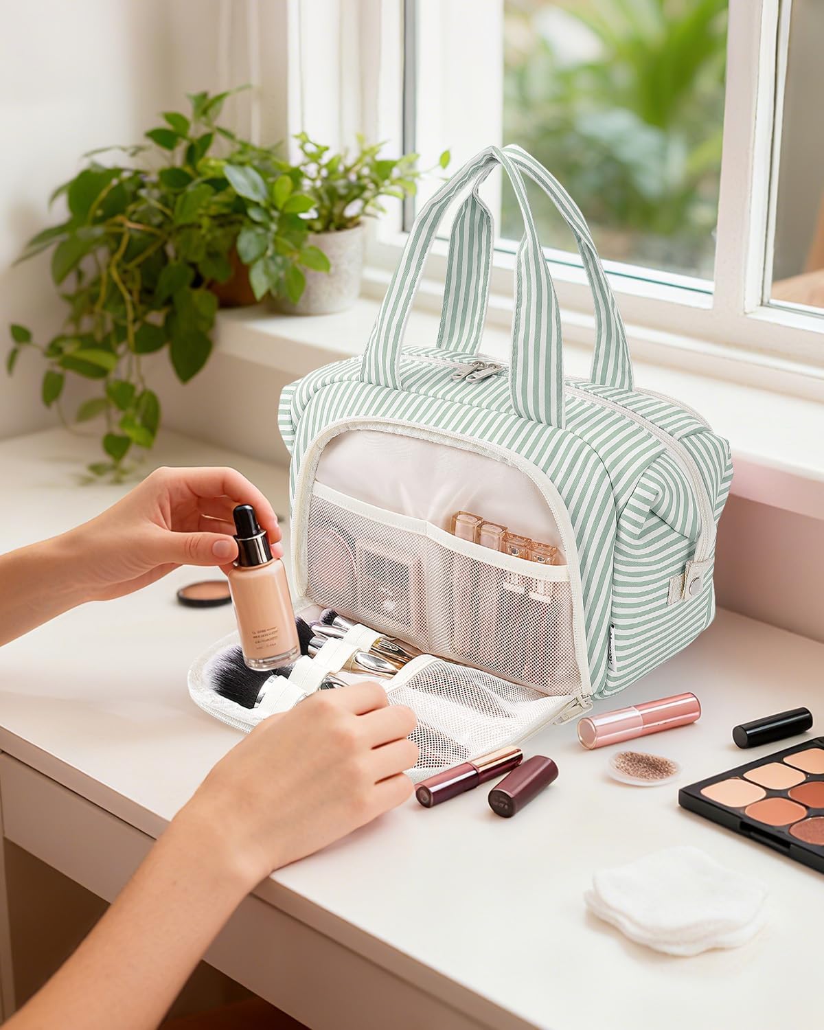 Travel Toiletry Bag for Women - Large Makeup Organizer with Handle | Mint Green Stripe, Wet Pocket for Essentials