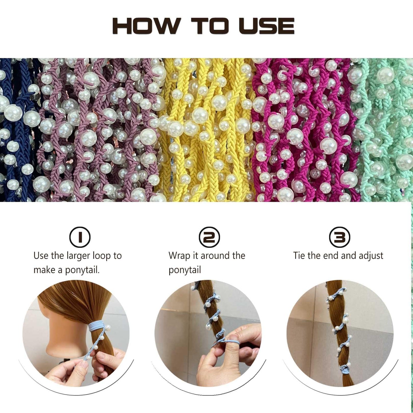Spiral Hair Ties for Women No Hook, 25" Hand Braided Pearl Ponytail Holders Soft Pony Tail Wrap for Sports,Workouts,Daily Use,Swim,Beach, No-Damage Hair Accessories Hair Accessories (Steel Blue)