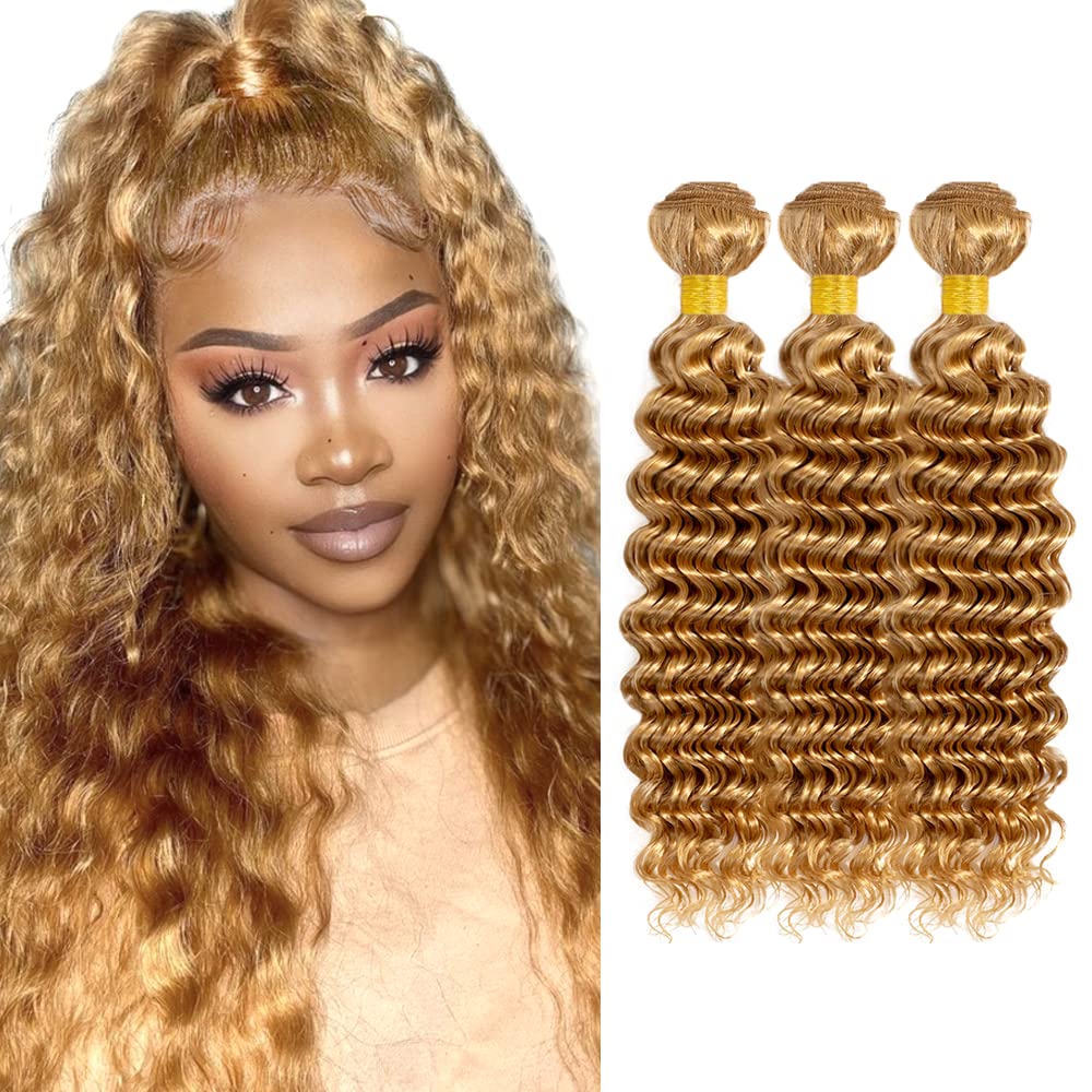 300g 28 30 32 inch Blonde Bundles Human Hair #27 Deep Wave Bundle Honey Blonde Human Hair Bundles 27 Wet and Wavy Bundle