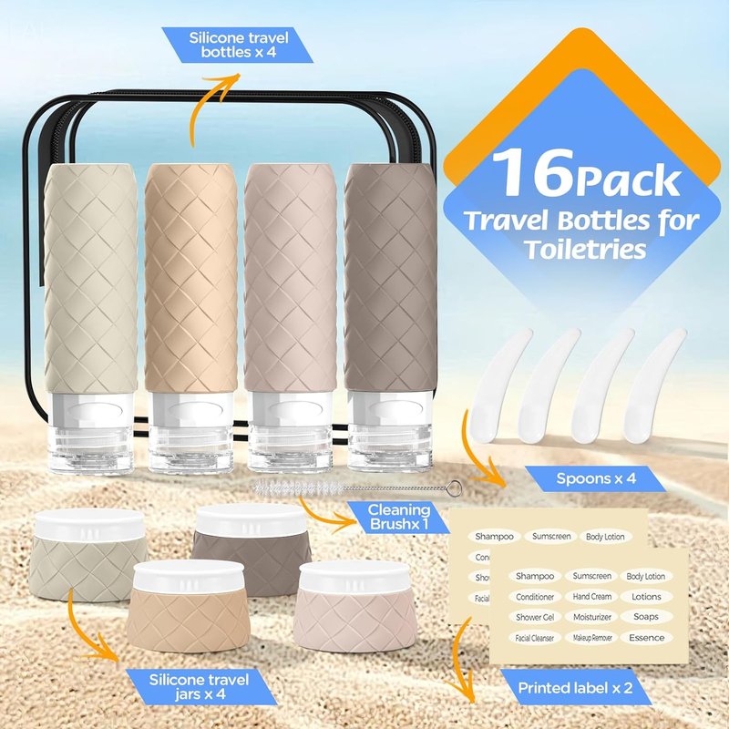 Travel Bottles Set - 16 Pack TSA Approved BPA-Free Silicone Containers | Leak-Proof Refillable Jars with Clear Bag (Cream)