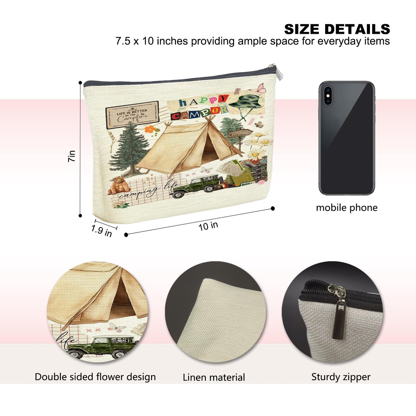 Udinaz Camping Life Makeup Bag, Gifts for Camper Camping Lovers Cosmetic Bags for Women, Rustic Life is Better by The Campfire Zipper Makeup Pouch Toiletry Bag