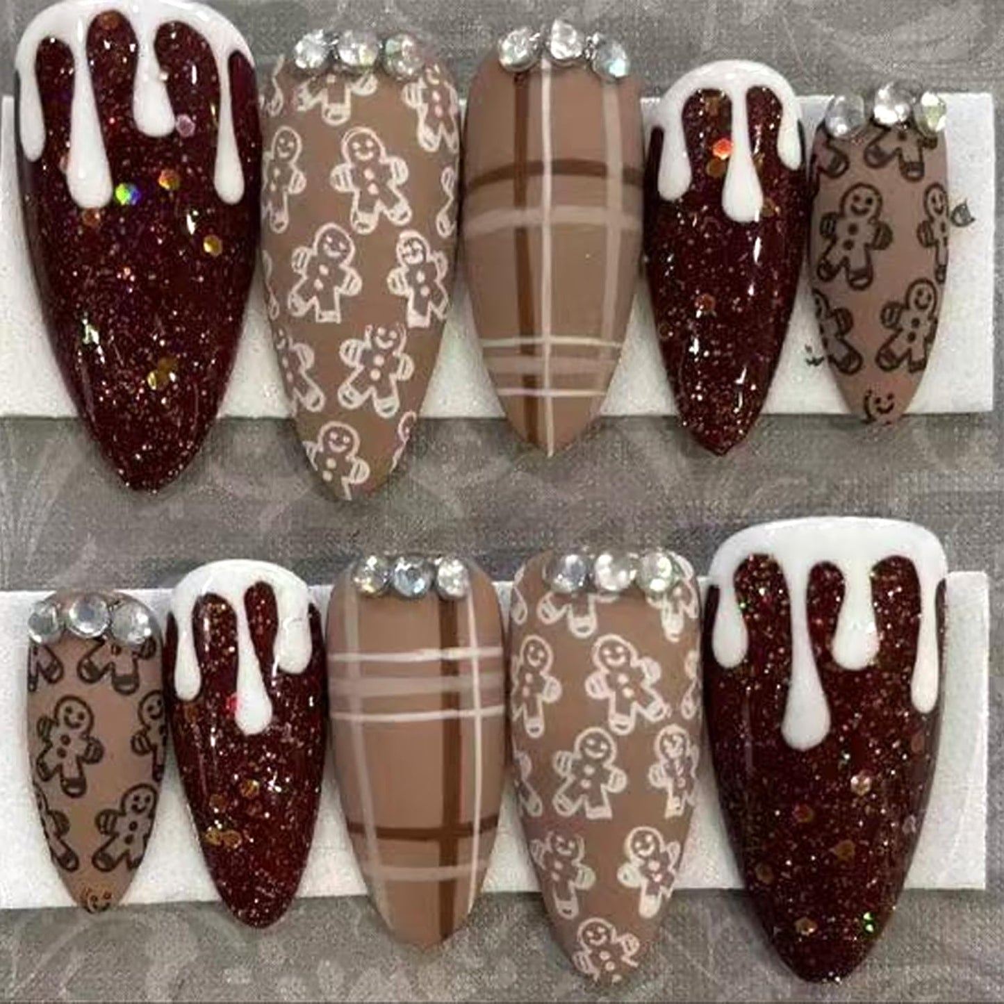 French Tip Press-On Nails - 24 Pcs Medium Almond with 3D Flower & Gold Rhinestones | Full Cover Nude Artificial Nails