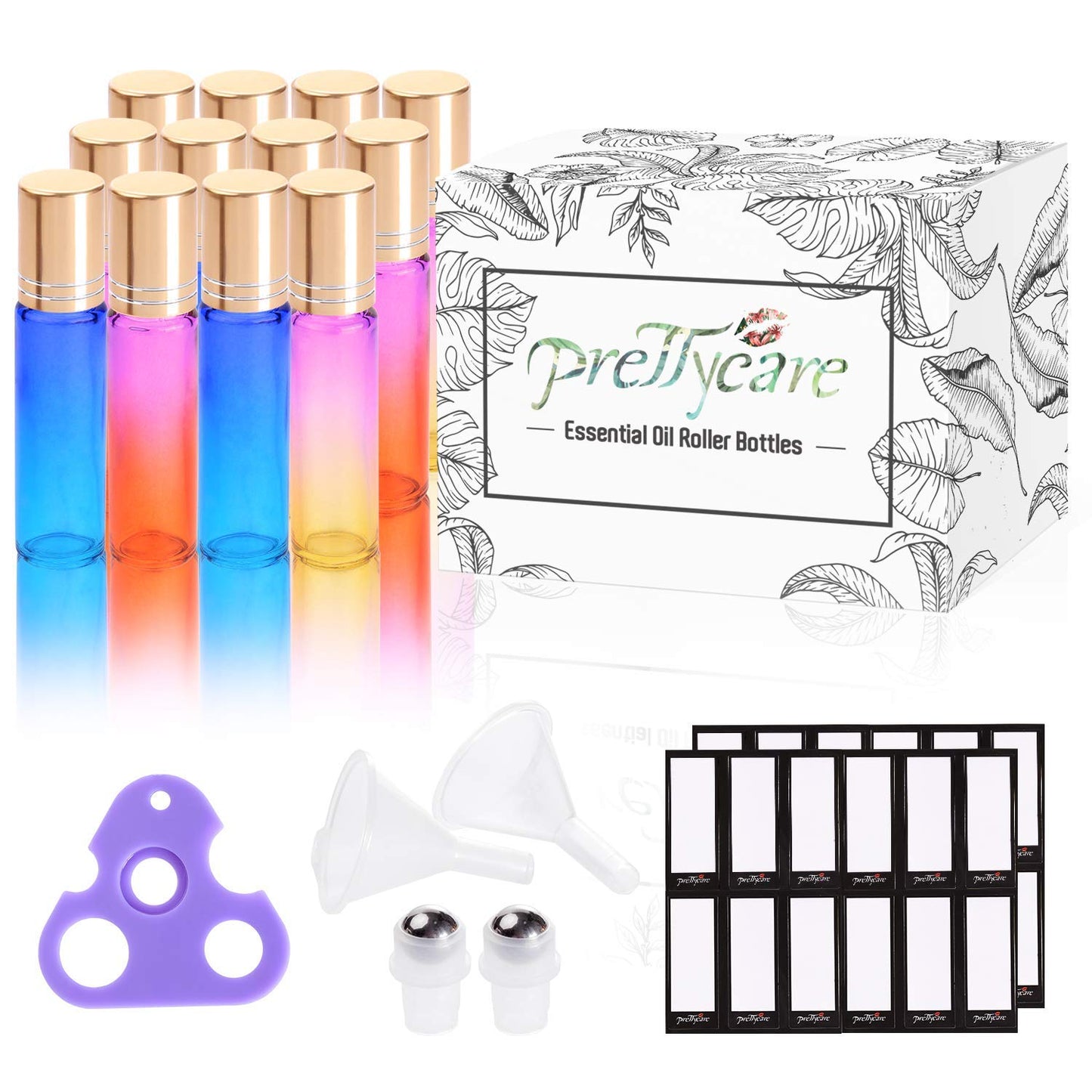 Essential Oil Roller Bottles - 12 Pack 10ml Refillable Thick Rainbow Glass | Leak-Proof, Stainless Steel Ball