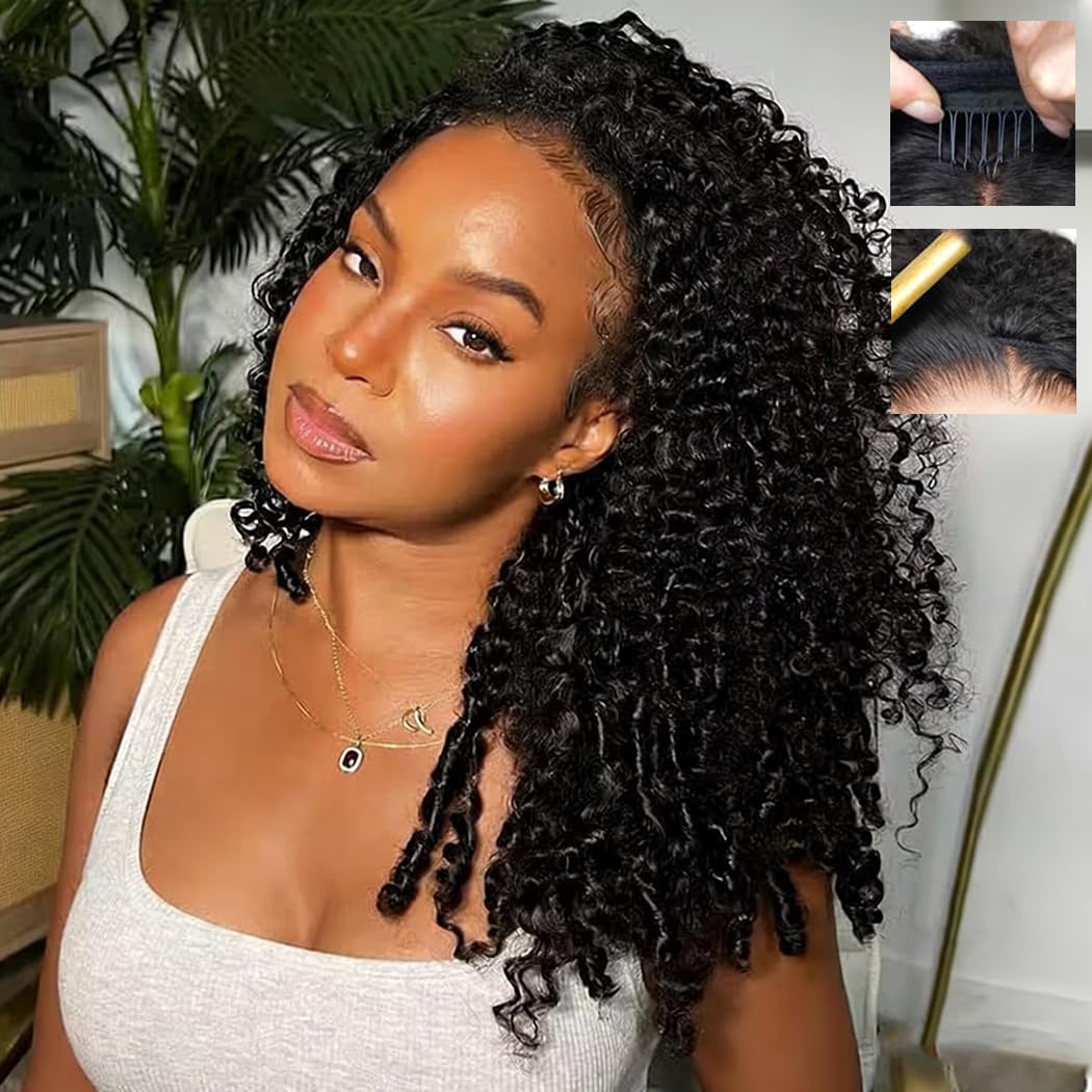 Fuduete 18 Inch Burmese Curly Half Wig Human Hair for Black Women Spiral Curl Ends Glueless Wear & Go Drawstring Wig 180% Density Flip Over Beginner Friendly No Glue No Sew Natural Black
