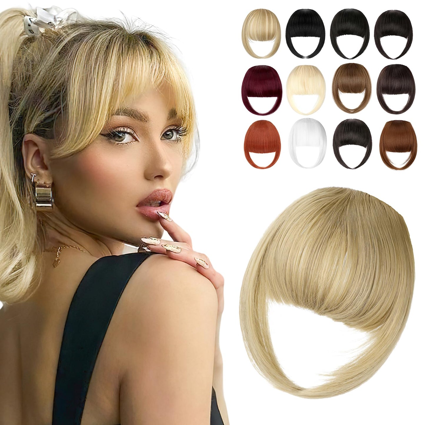Cephermer Clip in Bangs, Synthetic French Bangs Hair Clip, Fake Bangs Fringe with Temples Hairpieces for Women Natural Curved Hair Extensions for Daily Wear Copper Red