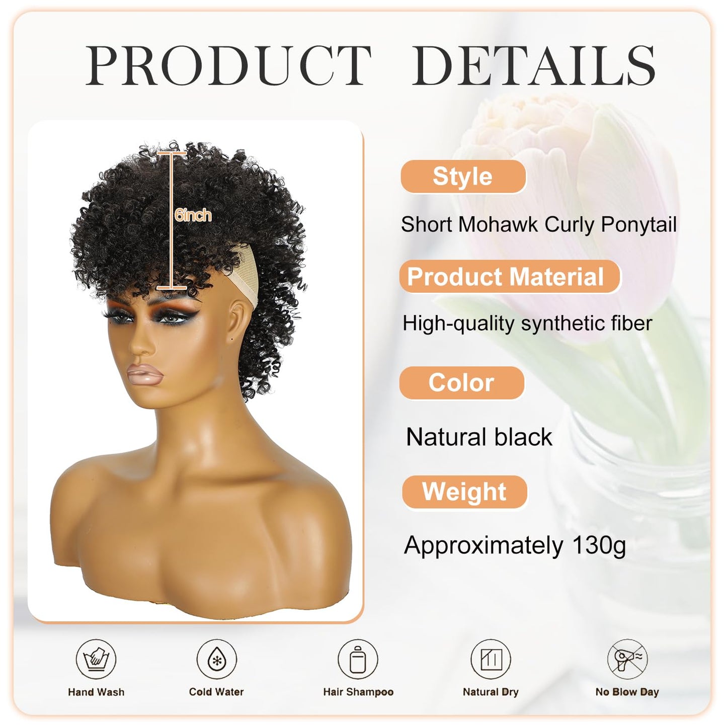 Mohawk Wig Kinky Curly Natural Black Ponytail with Bangs,Short Curly Synthetic Clip on Mohawk Ponytail Extension Hair Pieces for Women with Six Clips and Two Combs Fluffy Hair for Daily and Party Use