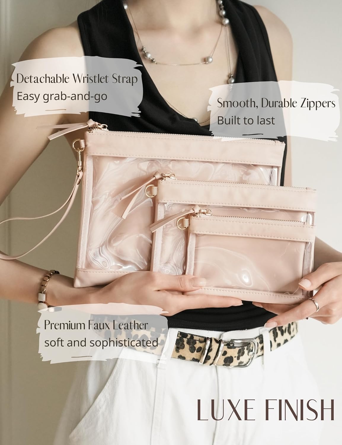 Clear Makeup Bag Organizer - Travel Pouches for Women | Zipper Toiletry Set - 3 Pack in Nude Pink