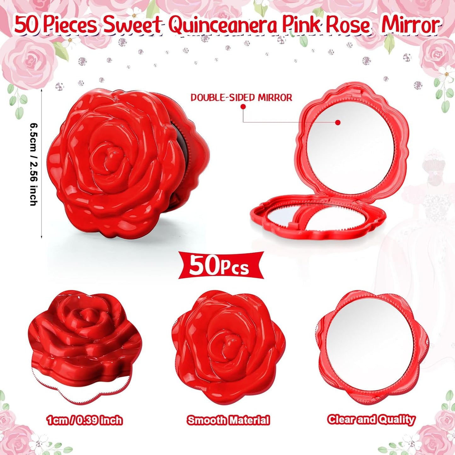 Quinceanera Party Favors - 50 Sets Rose Design Pocket Mirrors | Thank You Cards & Organza Bags (Red)