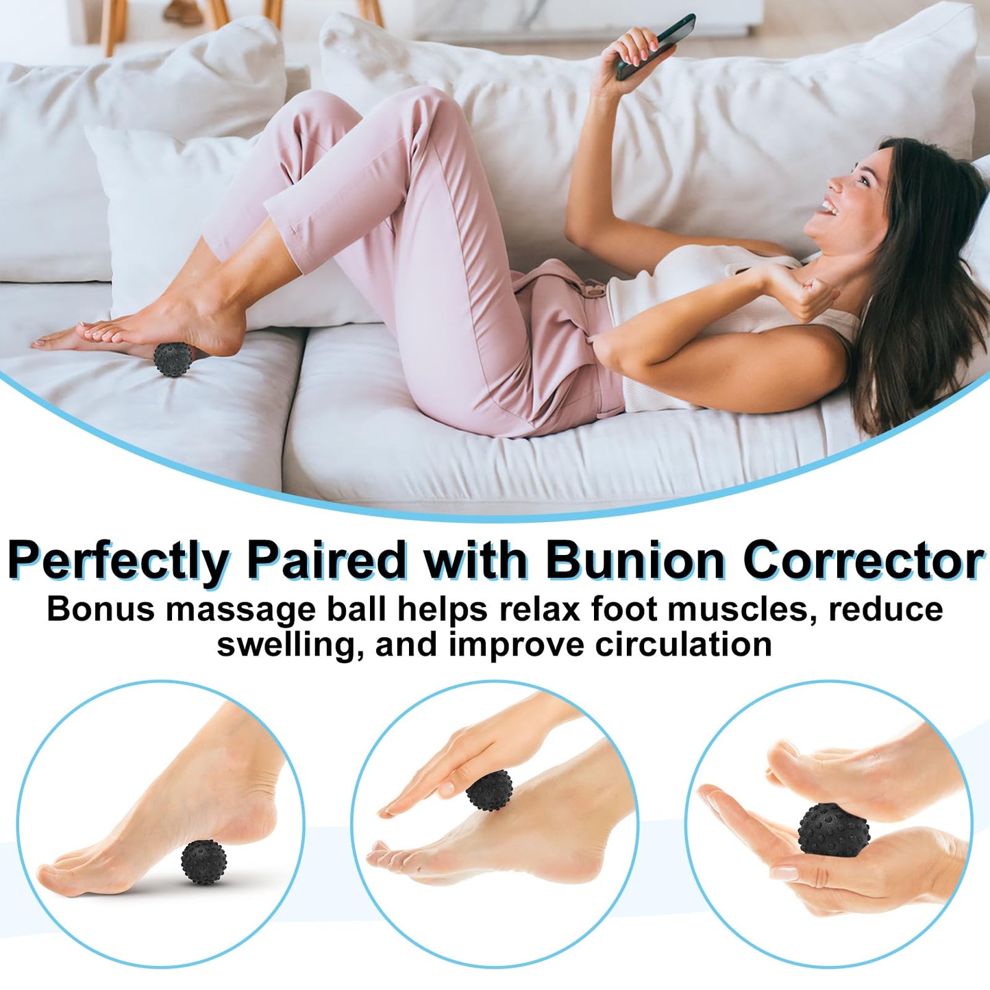 1 Pair Bunion Corrector for Women & Men, Big Toe Straightener for Hallux Valgus Pain Relief & Toe Alignment, Soft and Breathable for Day/Night, Wide Non-slip Strap, Include a Massage Ball (Black)