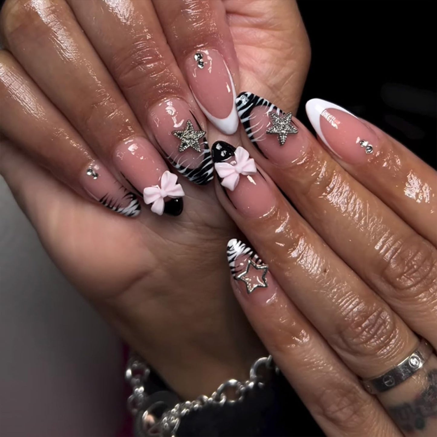 3D Flower Press-On Nails - Medium Square Pink French Tip with Star Rhinestones | Full Cover Artificial Nails for Women
