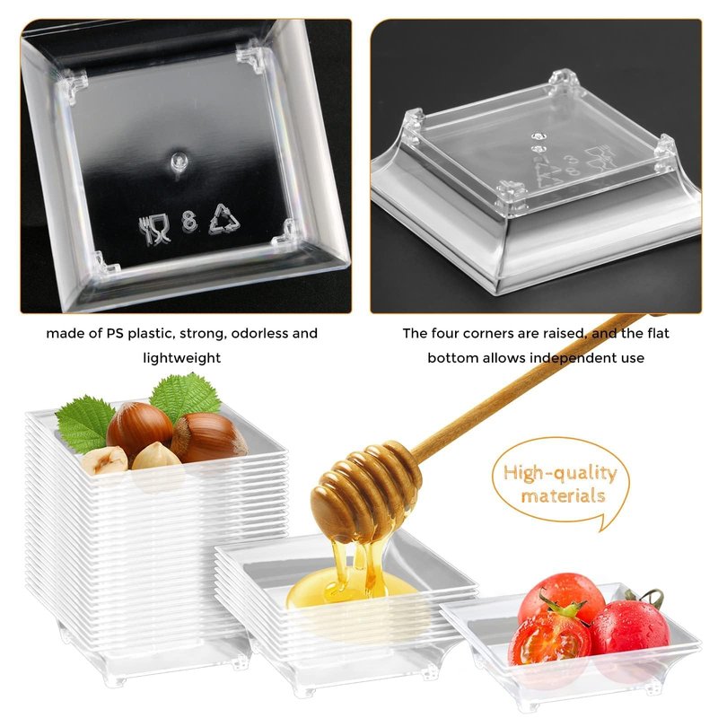 GothaBach 100 Pcs Mini Dessert Plates, 2.4'' Clear Disposable Small Plastic Tray, Mini Plastic Dish for Sauce, Dessert, Fruit or Appetizer (Style 2)