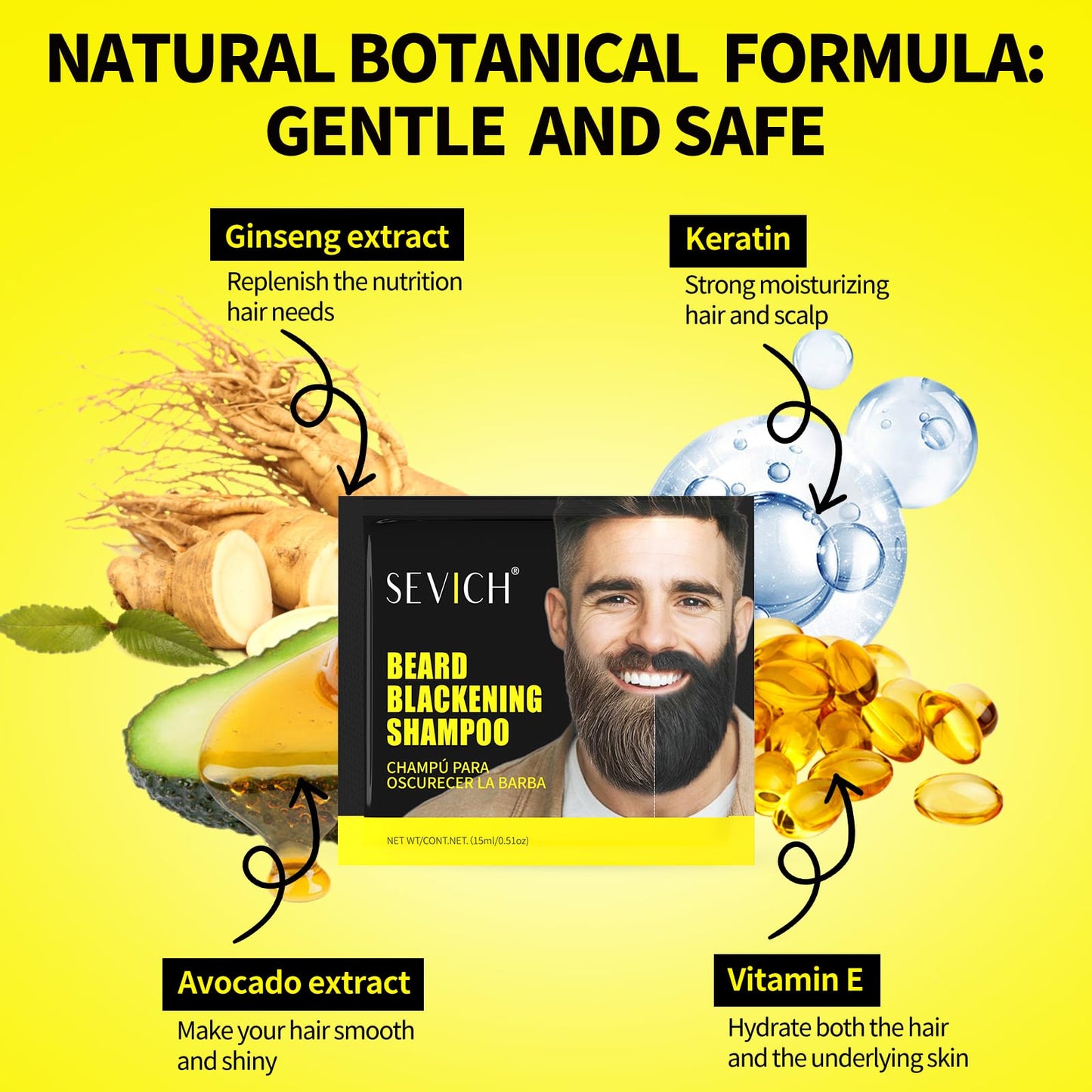 SEVICH Beard Blackening Shampoo for Men - Instant Natural Black Color, Anti-Hair Loss Formula, 10x15ml Travel-Friendly Packets | Safe & Gentle Beard Dye with Nourishing Care