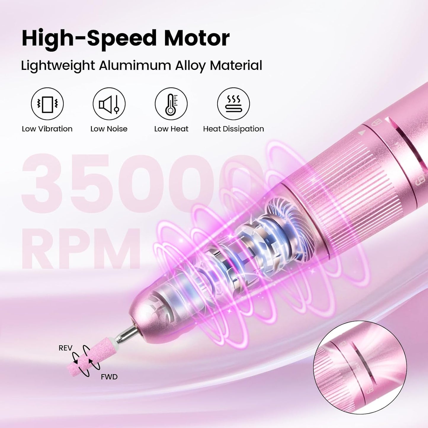 Electric Nail Drill Machine - 35000RPM Cordless Rechargeable Efile for Acrylic Gel Nails | Pink 910