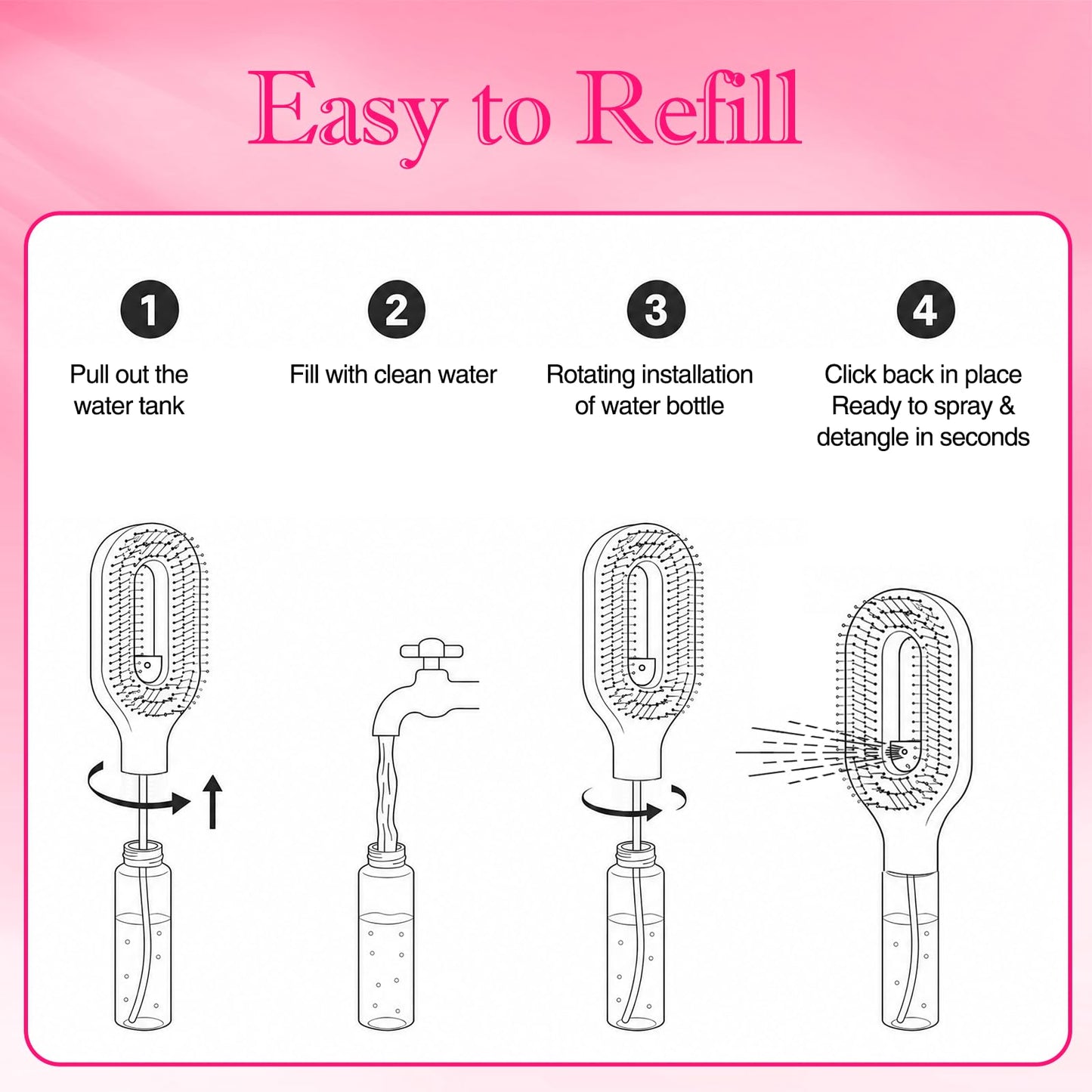 Hot Pink Hair Brush with Water Spray, Fine Mist Detangling Tool for Girls, Cute Wet & Dry Styling for Curly Thick Hair, Daily Hair Care Accessory(1, Rose Pink)