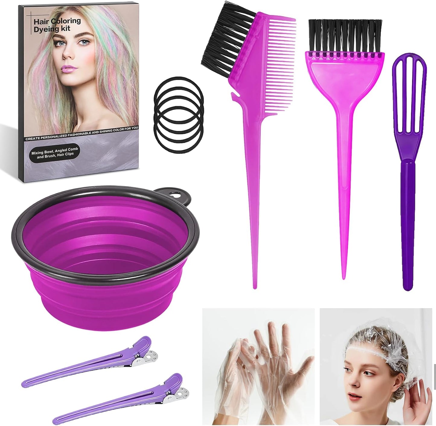 Hair Coloring Kit - 8 Professional Dye Tools for Home Salon Use | Bowl, Brush, Comb, Clips, Gloves, Shower Cap - Reusable Supplies (Black)