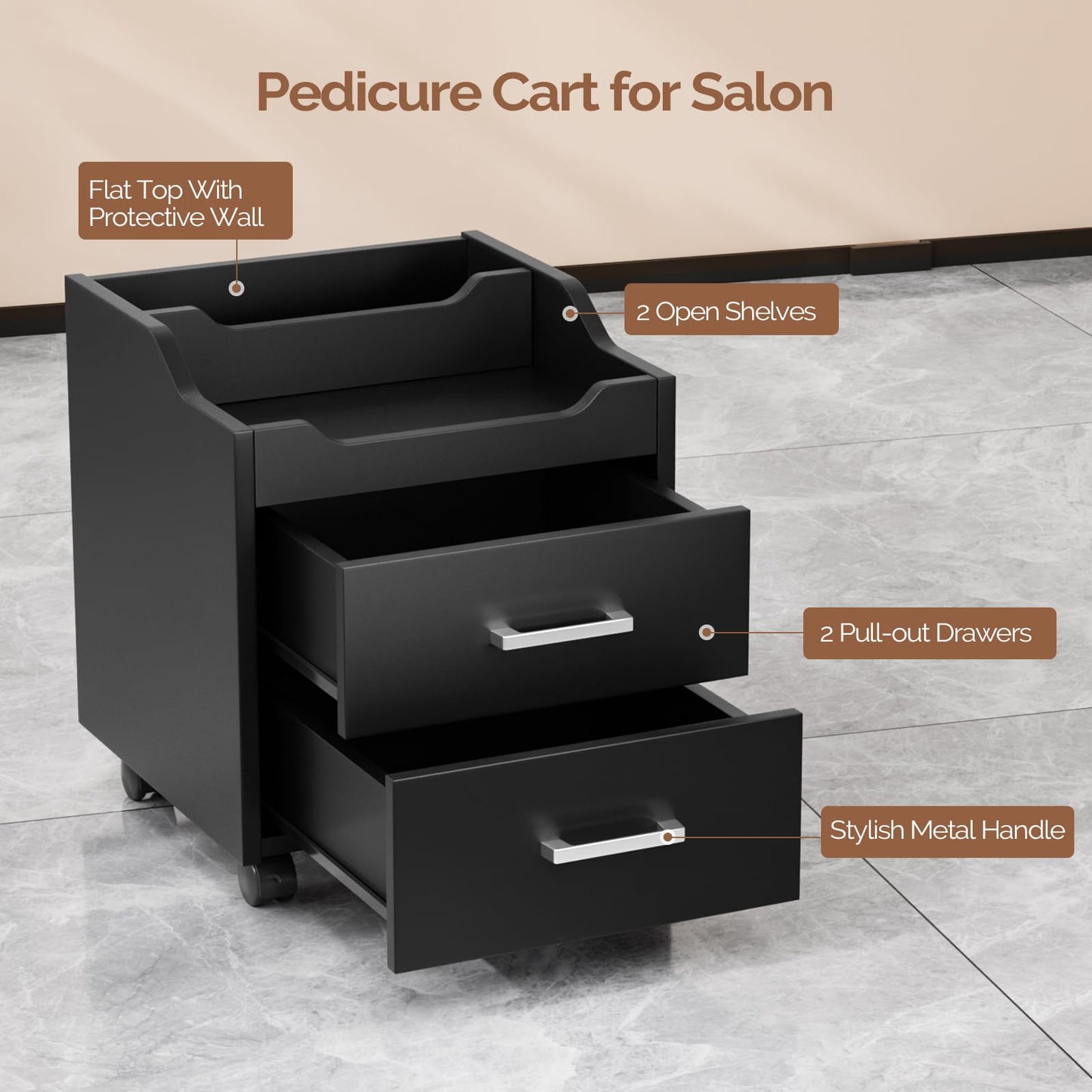 OmySalon Pedicure Cart, Foot Bath Trolley with 2 Storage Drawer, Portable Nail Esthetician Cart for Manicure & Foot Massage, Beauty Spa Supplies with Locking Wheels, Black