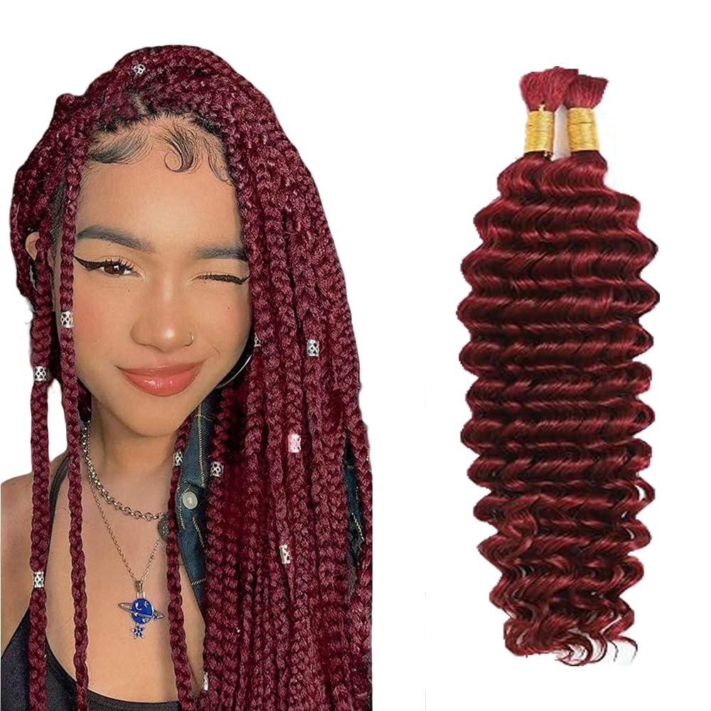 12 12 Inch #99J Burgundy Human Braiding Hair for Boho Braids 2 Bundles 50g/Bundle Deep Wave Bulk Human Hair Knotless Boho Braiding Wine Red Deep Curly Virgin No Weft Extensions Bohemian Braids