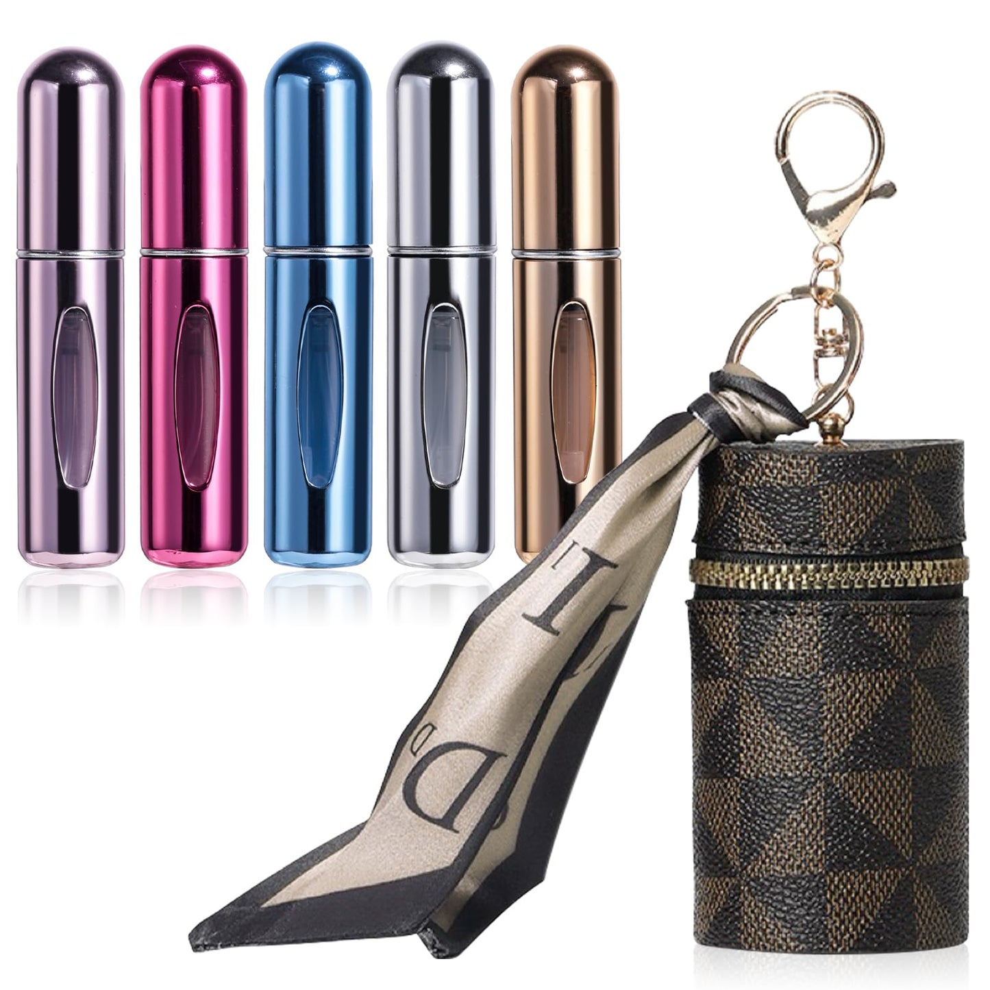 Yiesoum Portable Perfume Atomizer 5-Pack, Leak-Proof Refillable Travel Perfume Spray Bottles with Fine Mist & Funnel, TSA-Approved Mini Perfume Dispenser for Purse, Gym, Vacation (Includes Pouch)