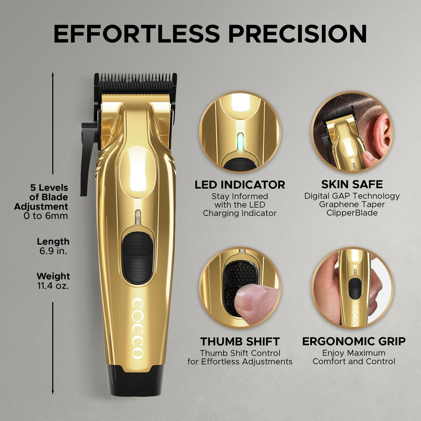 Cocco Veloce Pro Clipper, Digital Gap Ambassador Graphene Taper Blade Professional Hair Clippers, High-Torque BLDC Motor, All-Metal, Cordless, Charging Base Included, Gold