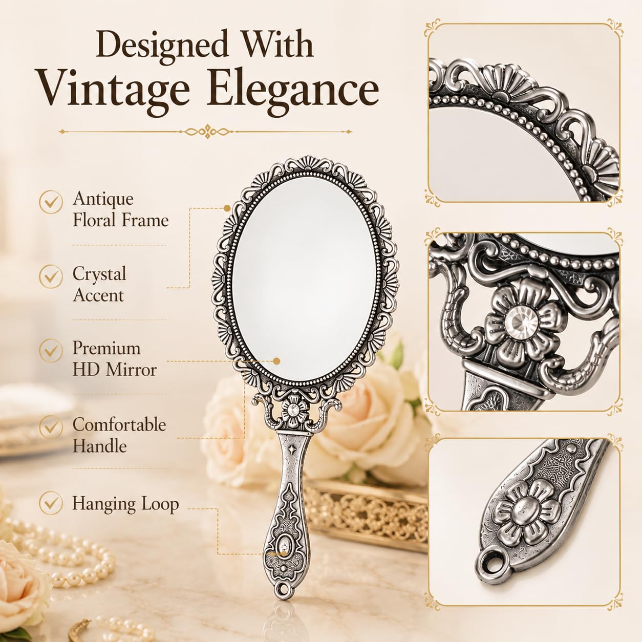 SEHAMANO Hand Mirror with Handle Compact Handheld Makeup Mirror Rose Cosmetic Clear Mirror (Matt Silver (Tin))
