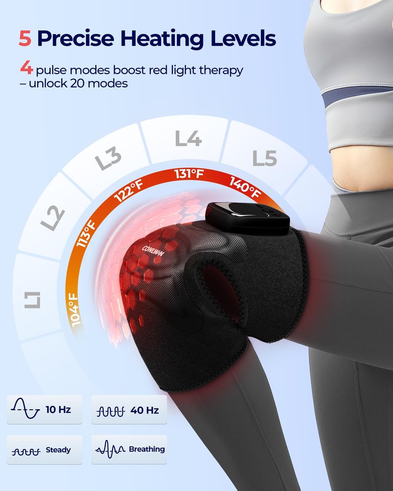 CONLWIN 4-in-1 Cordless Knee Massager with Heat and Red Light Therapy for Knees, 6 Vibration & 4 Pulses Knee Pain Relief Device for Shoulder Elbow, Perfect for Women Men Seniors