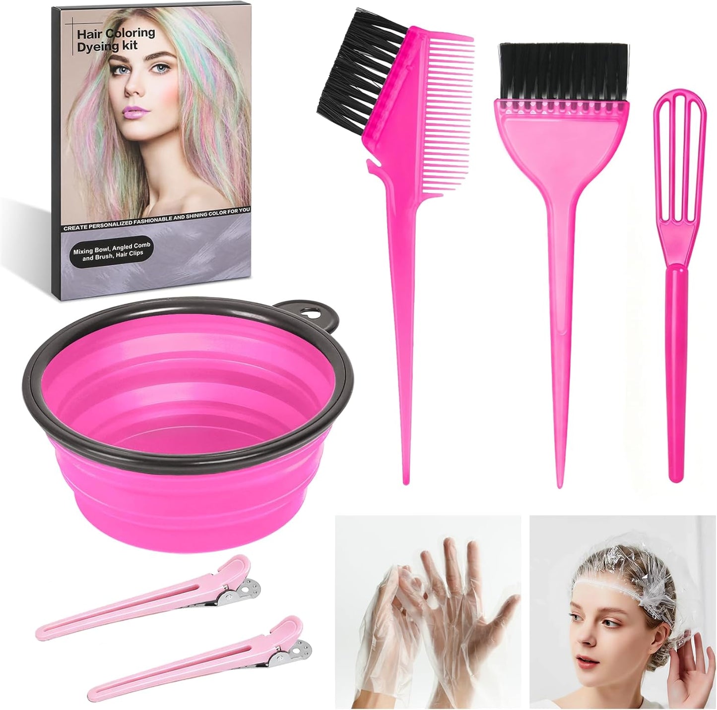 Hair Coloring Kit - 8 Professional Dye Tools for Home Salon Use | Bowl, Brush, Comb, Clips, Gloves, Shower Cap - Reusable Supplies (Black)