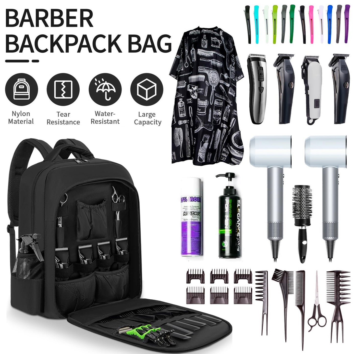 TORIBIO Barber Supplies Bag Backpack for Clippers and Supplies,Portable Barber Clipper Bags for Men,Large Hairstylist Travel Bag for Tools