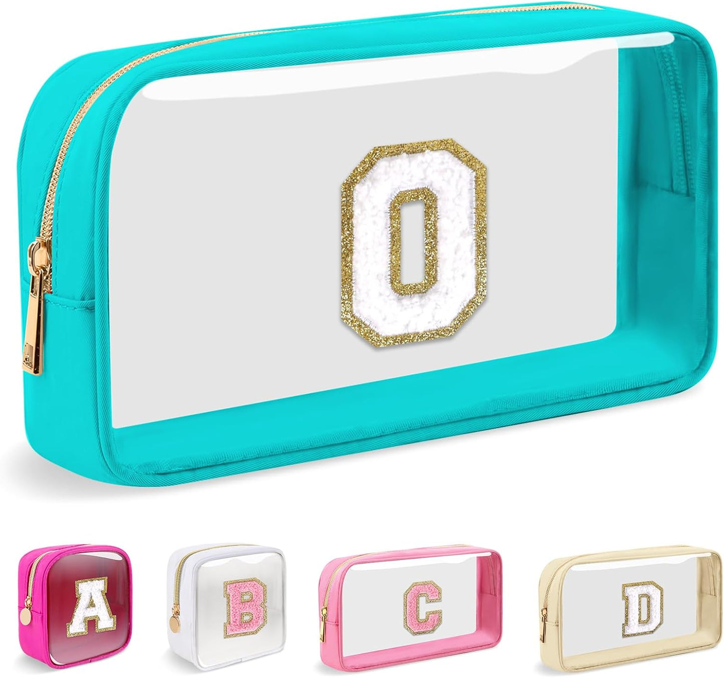 Personalized Initial Makeup Bag - Waterproof Nylon Cosmetic Pouch | A-Z Chenille Letter Patch, White-Pink G