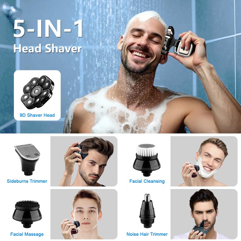 9D Head Shavers for Bald Men, 5-in-1 Electric Razor, Cordless Rechargeable Waterproof Wet/Dry Shaving Grooming Kit for Balder with Nose Trimmer, Massager, LED Smart Display, Gift for Husband Dad