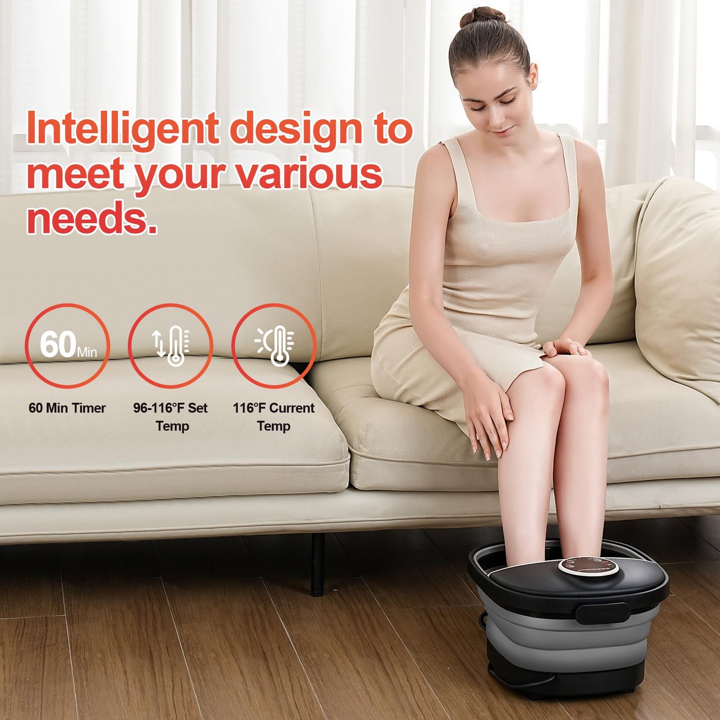 GEHONA Collapsible Foot Spa Bath with Heat, Foot Massager with Two Side Supports, Leakage Protector, Temperature Control, Bubbles, Red Light, Timer, Feet Soaker, Gifts (Deep Black)