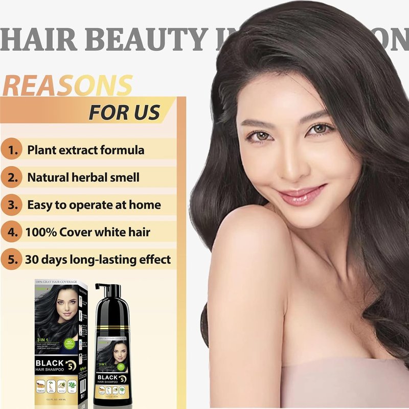 Instant Black Hair Shampoo - 3 in 1 Natural Dye with Herbs | Ammonia-Free Permanent Color for Men & Women - 400ml