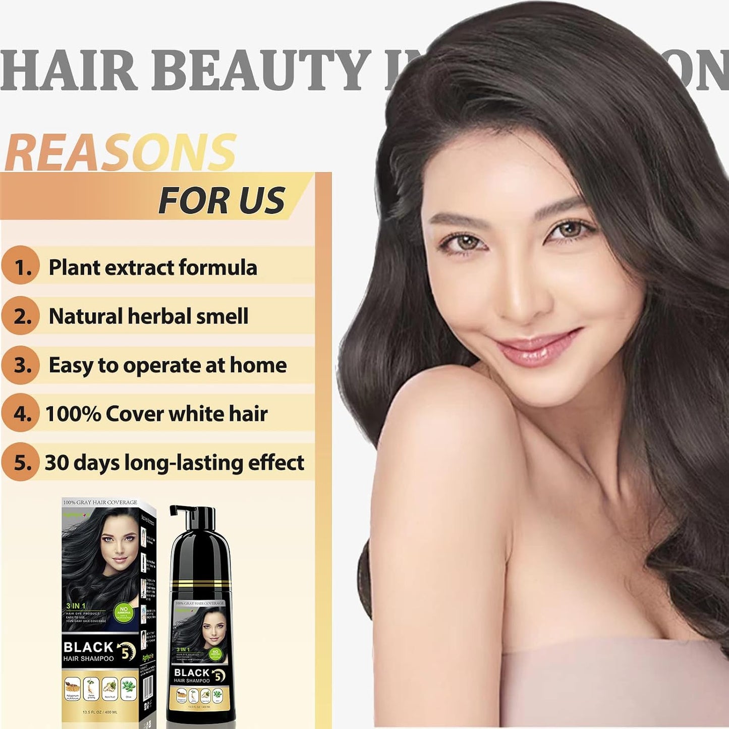 Instant Black Hair Shampoo - 3 in 1 Natural Dye with Herbs for Men & Women | Ammonia-Free, 400ml