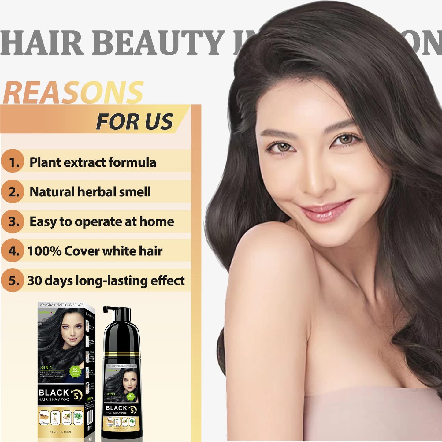 Onilyua Instant Black Hair Shampoo, 3 in 1 Natural Hair Dye Shampoo with Herbs, Cover Greys Hair for Men & Women, Permanent Hair Color - Ammonia Free 400ml (Black)
