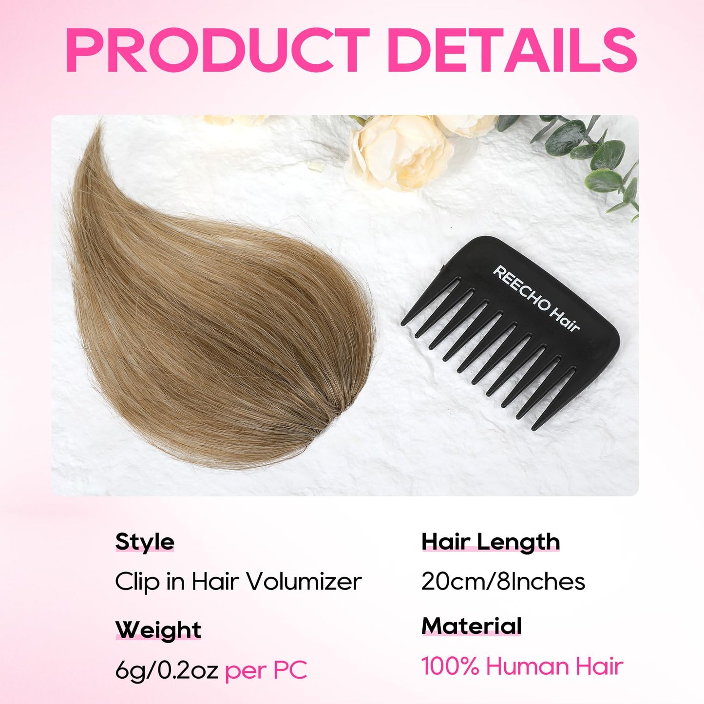 REECHO Human Hair Clip-in Hair Volumizer - Short Thick Hairpieces for Extra Volume, Easy Clip-in Extensions for Thin & Fine Hair Ash Brown 8 Inch(Pack of 1)