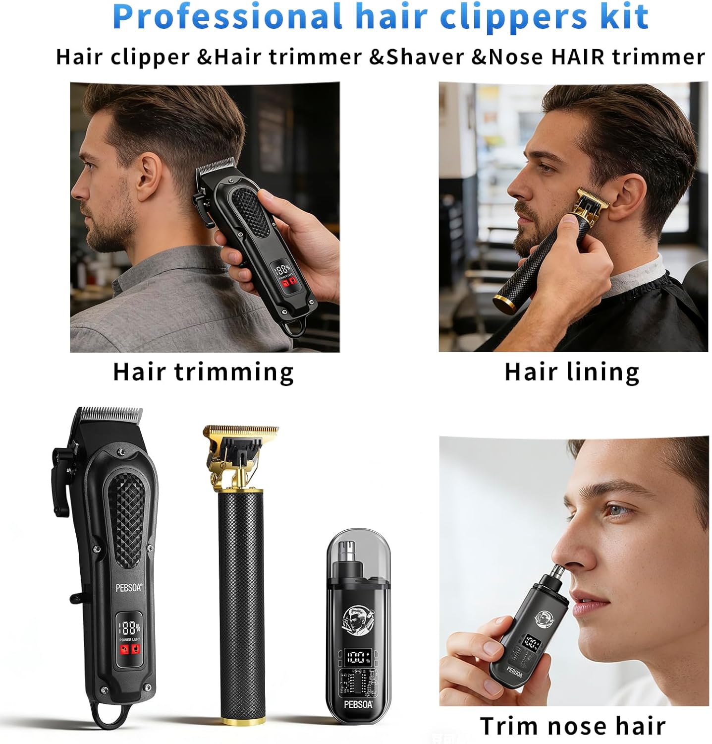 Professional Men's Hair Trimmer Set - Cordless Clippers with T-Shaped & Nose Hair Trimmer | LCD Battery Display, Black