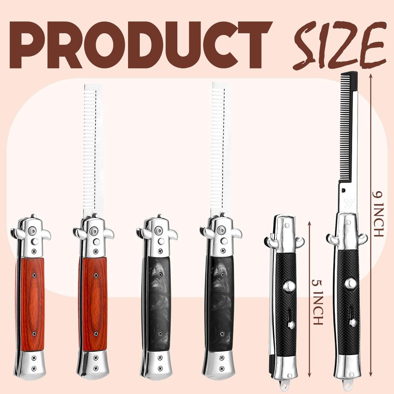 Zhehao 3 Pieces Folding Hair Comb Set - Wood Grain Switchblade Comb Pocket Knife Hair Brush Automatic Push Button and Stainless Steel Switch-blade Folding Pocket Combs for Men Grooming Travel Outdoor