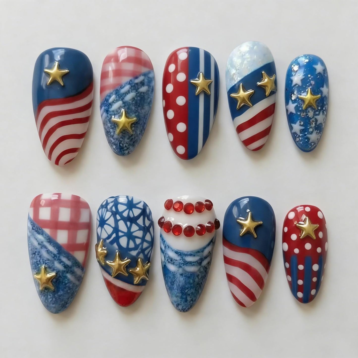 30Pcs 4th of July Press-On Nails - Medium Almond Acrylic Nails with Gold Star & Red Rhinestones | Patriotic Independence Day Design