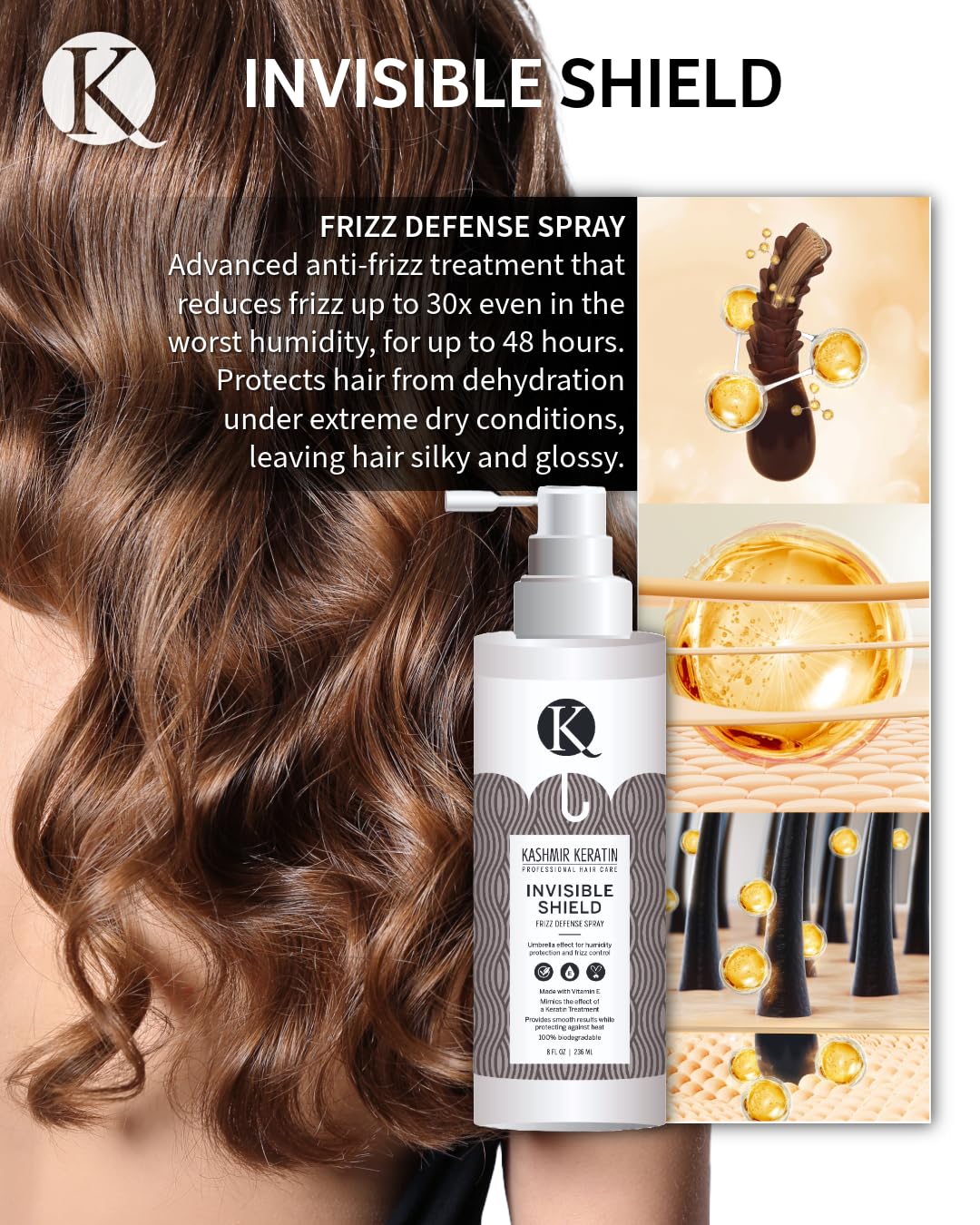 Kashmir Keratin Frizz Defense Spray - Humidity Protection & Temporary Hair Realignment | 236ml