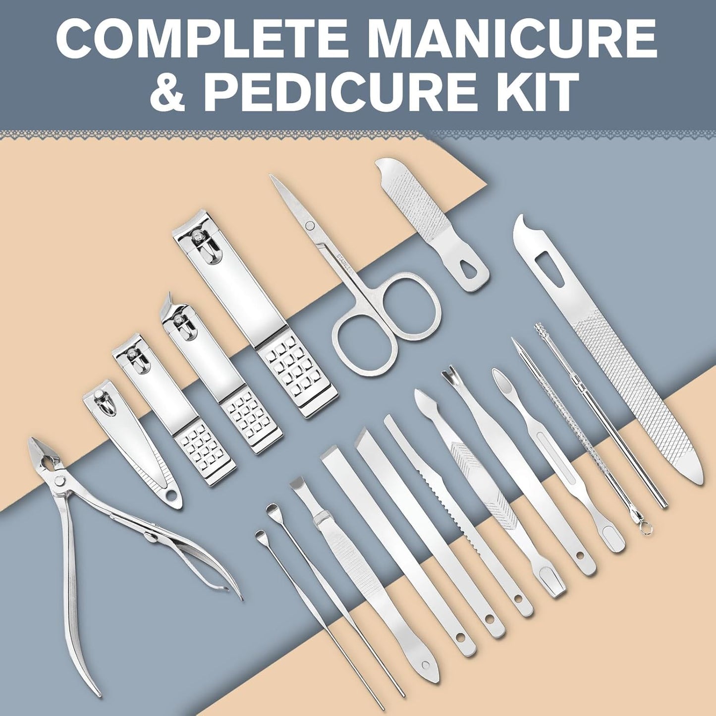 Professional 19-Piece Manicure Set - Stainless Steel Nail Clipper Kit for Travel | Grooming Tools with Leather Case